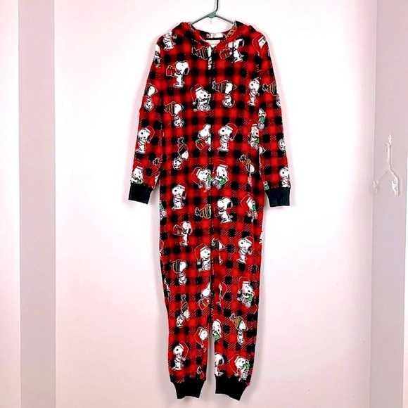 Munki Munki Peanuts Buffalo plaid Hooded Onesie Snoopy size Large pajamas - Picture 11 of 11